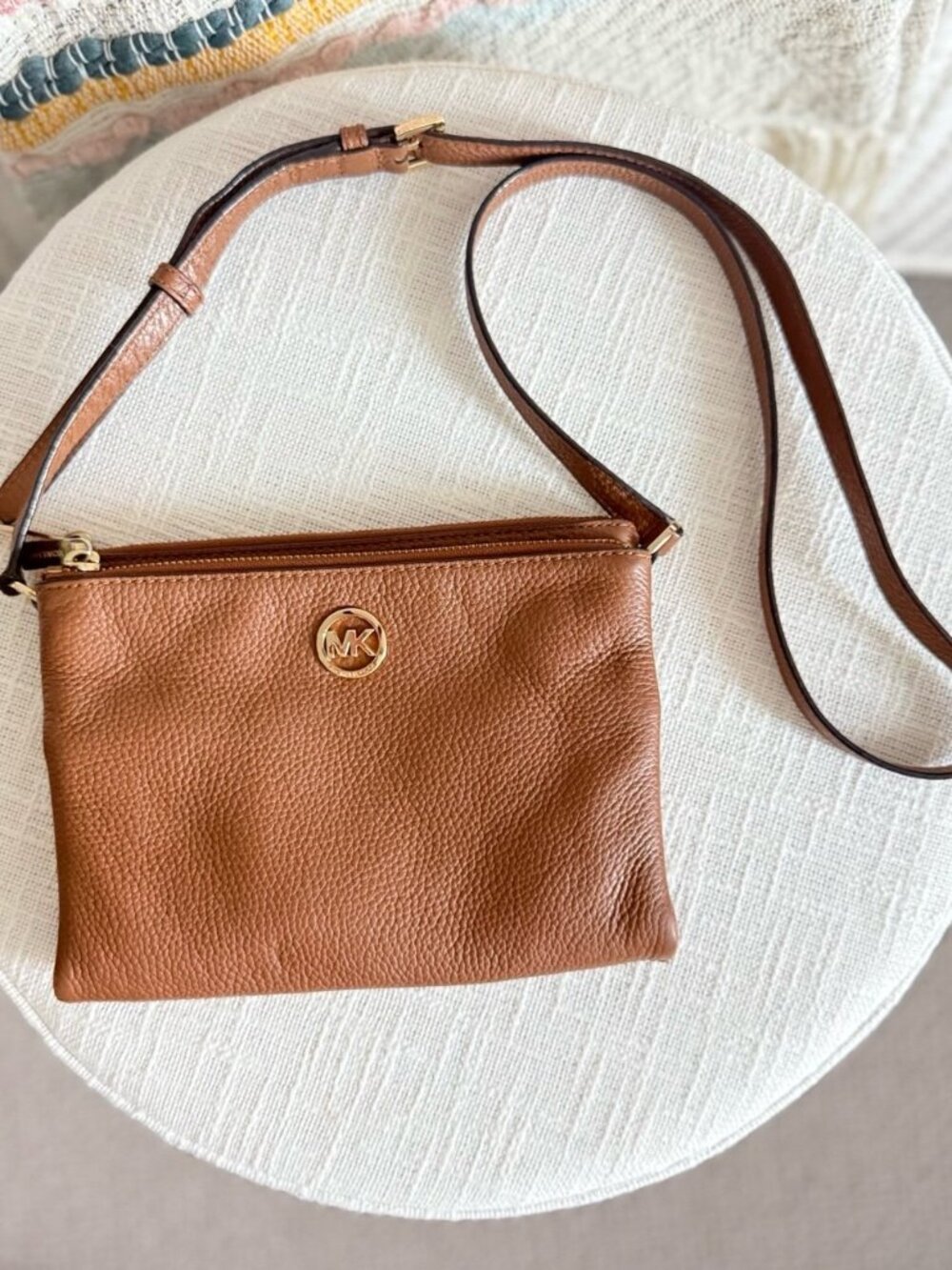 Michael Kors Fulton Double Zip Crossbody Tan Pebbled Leather